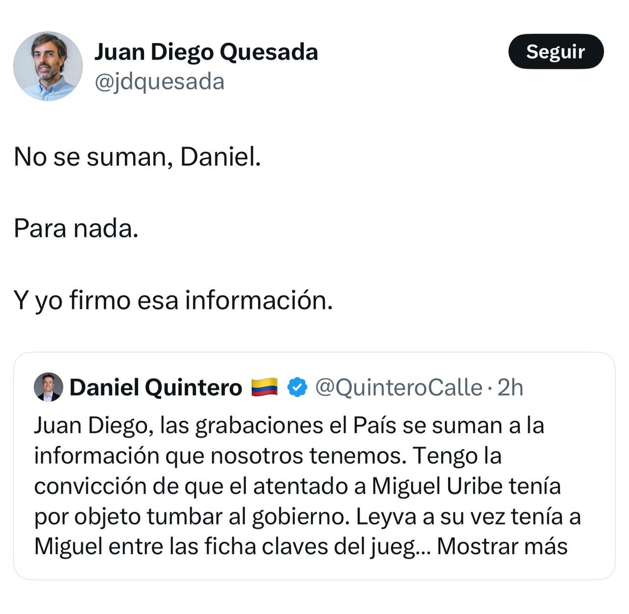 Respuesta del periodista de El País a Daniel Quintero.