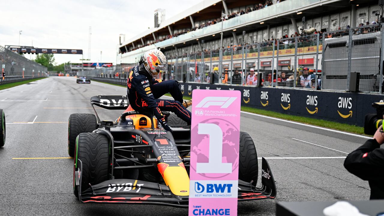 Red Bull driver Max Verstappen, of Netherlands, climbs out of his car after qualifying first for the Formula One Canadian Grand Prix auto race in Montreal, Saturday, June 18, 2022. (Jim Watson/Pool Photo via AP)
