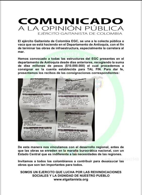 El Clan del Golfo asegura que aporto dinero a la vaca por las vías de Antioquia.