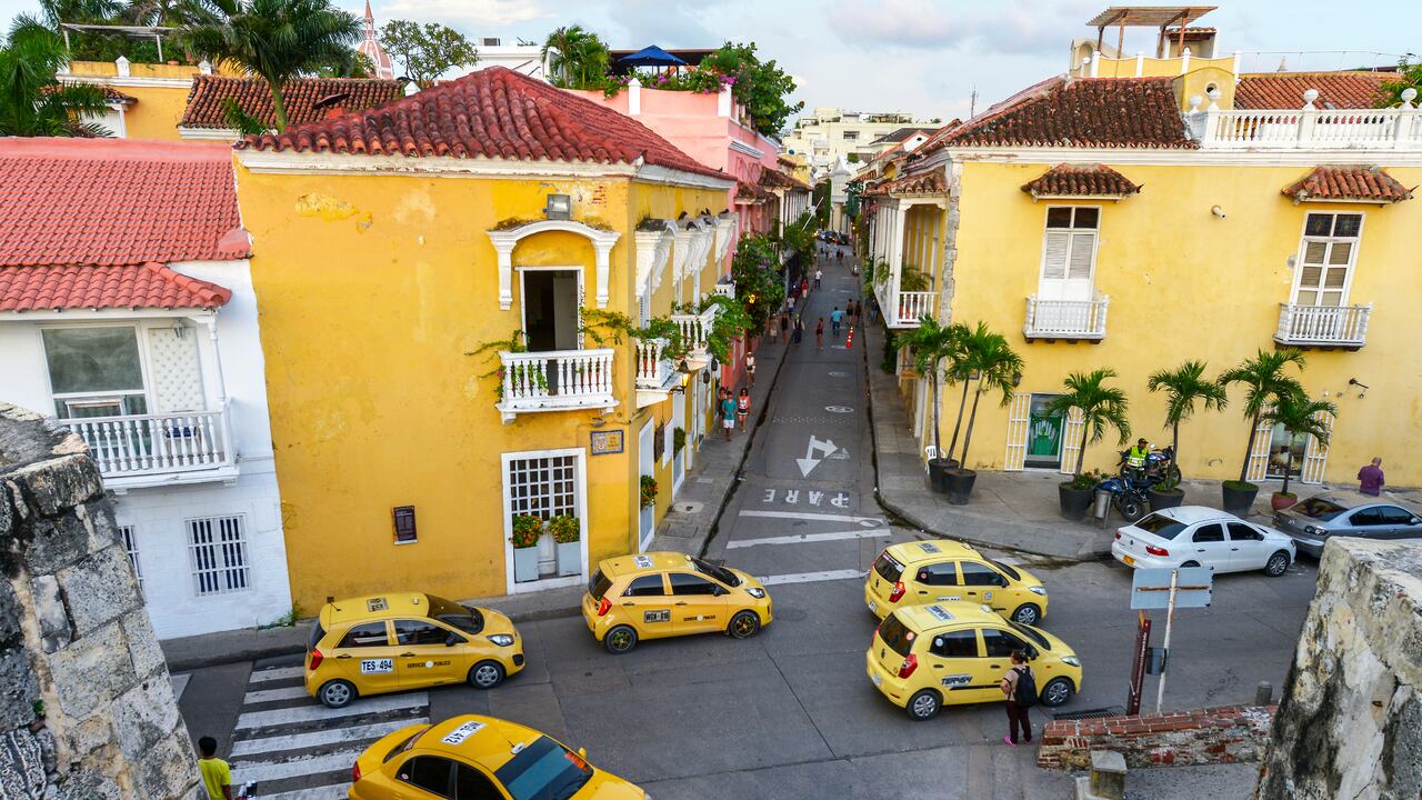 CARTAGENA, COLOMBIA - AUGUST 3: Taxis in Old city on August 3, 2017 in Cartagena, Colombia.