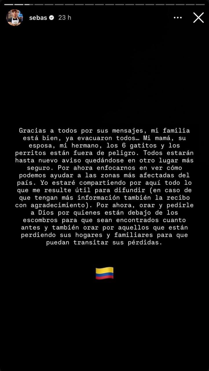 Sebastián Villalobos, participante de 'MasterChef Celebrity', se pronunció por terremoto en Colombia.