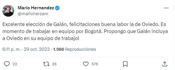 Publicación en X de Mario Hernández.