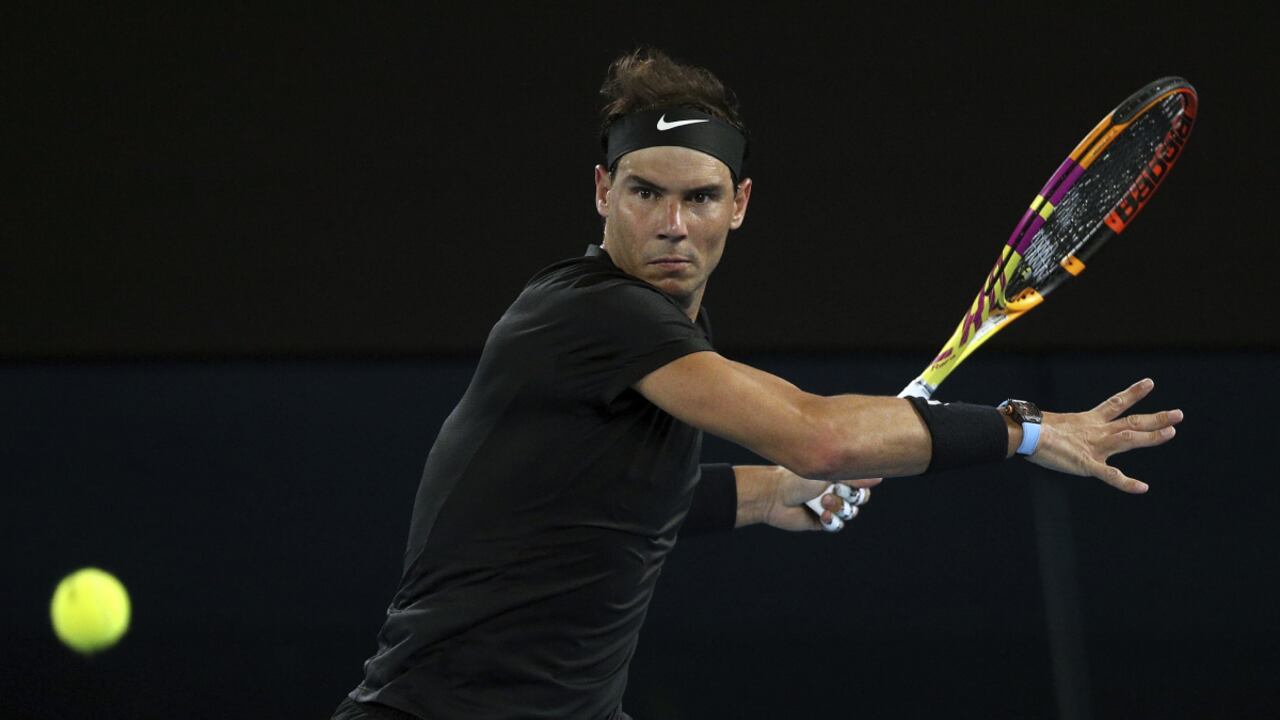 Rafael Nadal of Spain plays a forehand during his singles match against Ricardas Berankis of Lithuania at Summer Set tennis tournament ahead of the Australian Open in Melbourne, Australia, Thursday, Jan. 6, 2022. (AP/Hamish Blair)