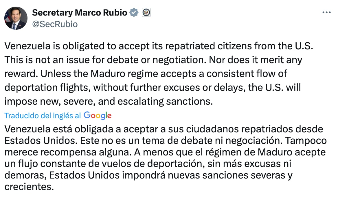 El Secretario de Estado de Estados Unidos se pronunció a través de un mensaje en X