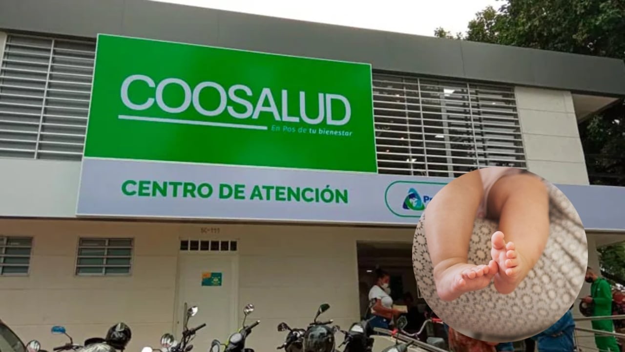 Imagen referencia de un puesto de atención de Coosalud y un bebé.