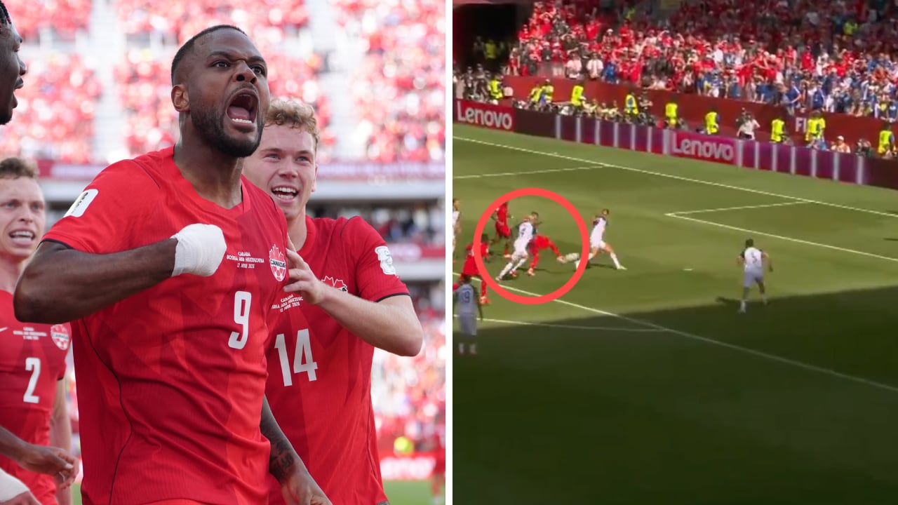 Cyle Larin, celebrando su gol con Canadá ante Bosnia y Herzegovina.