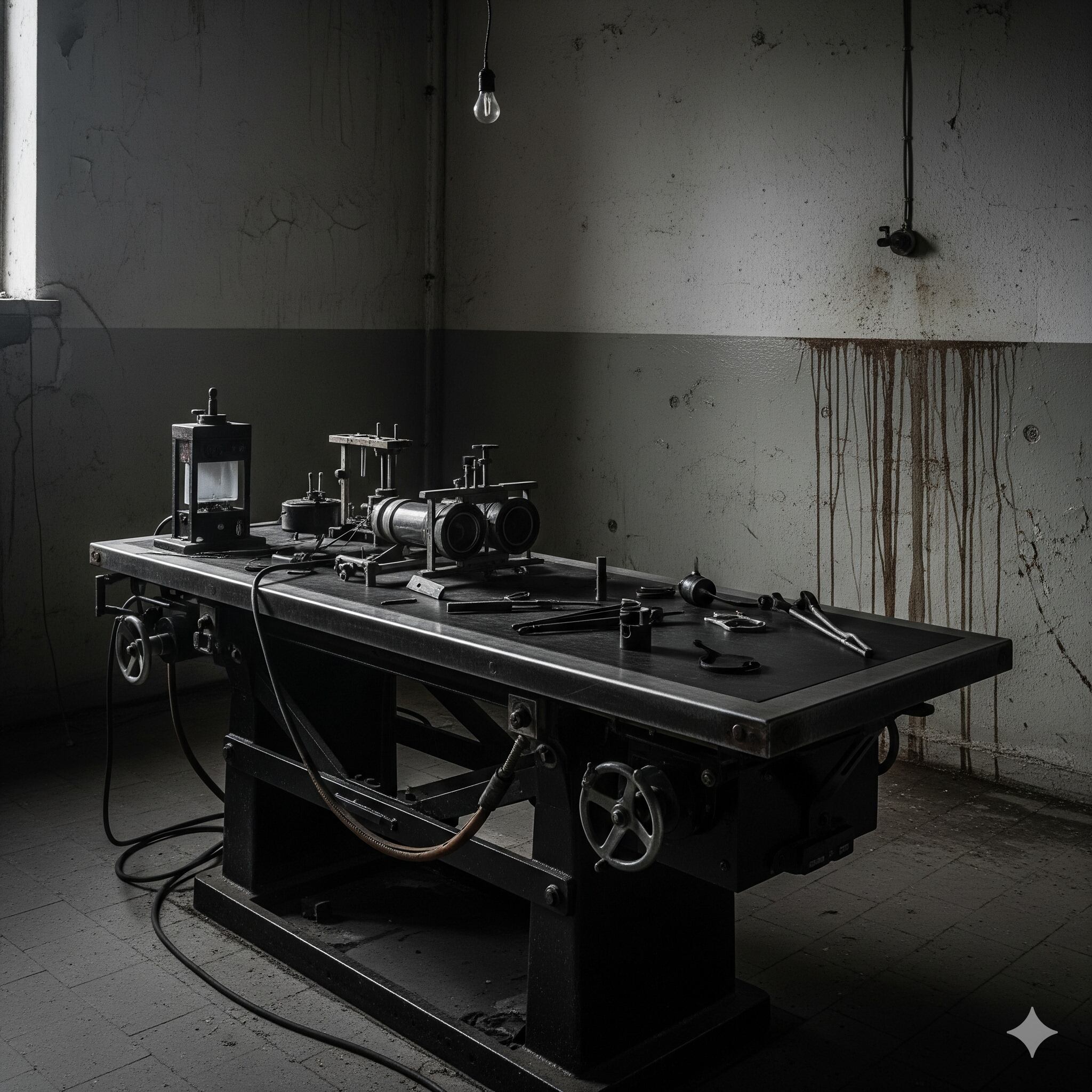 La mesa negra de cristal, usada como mesa de rayos X, fue escenario de torturas con líquidos tóxicos en Auschwitz.