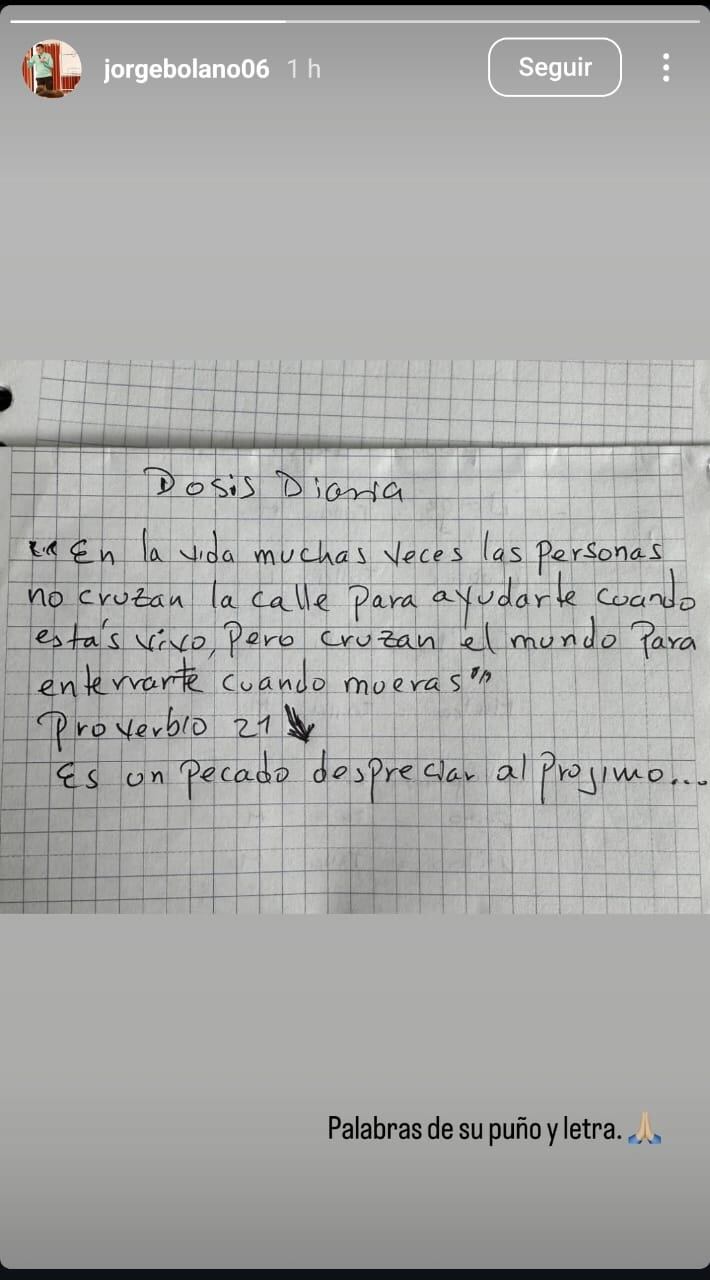 Carta de Jorge Bolaño, publicada por su familia en redes sociales