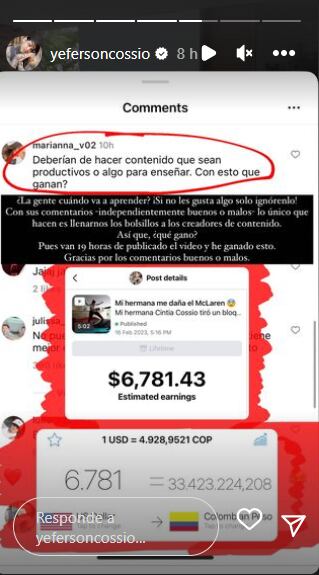 Esto es lo que ha ganado el influencer con su video. Foto: Instagram @yefersocossio.