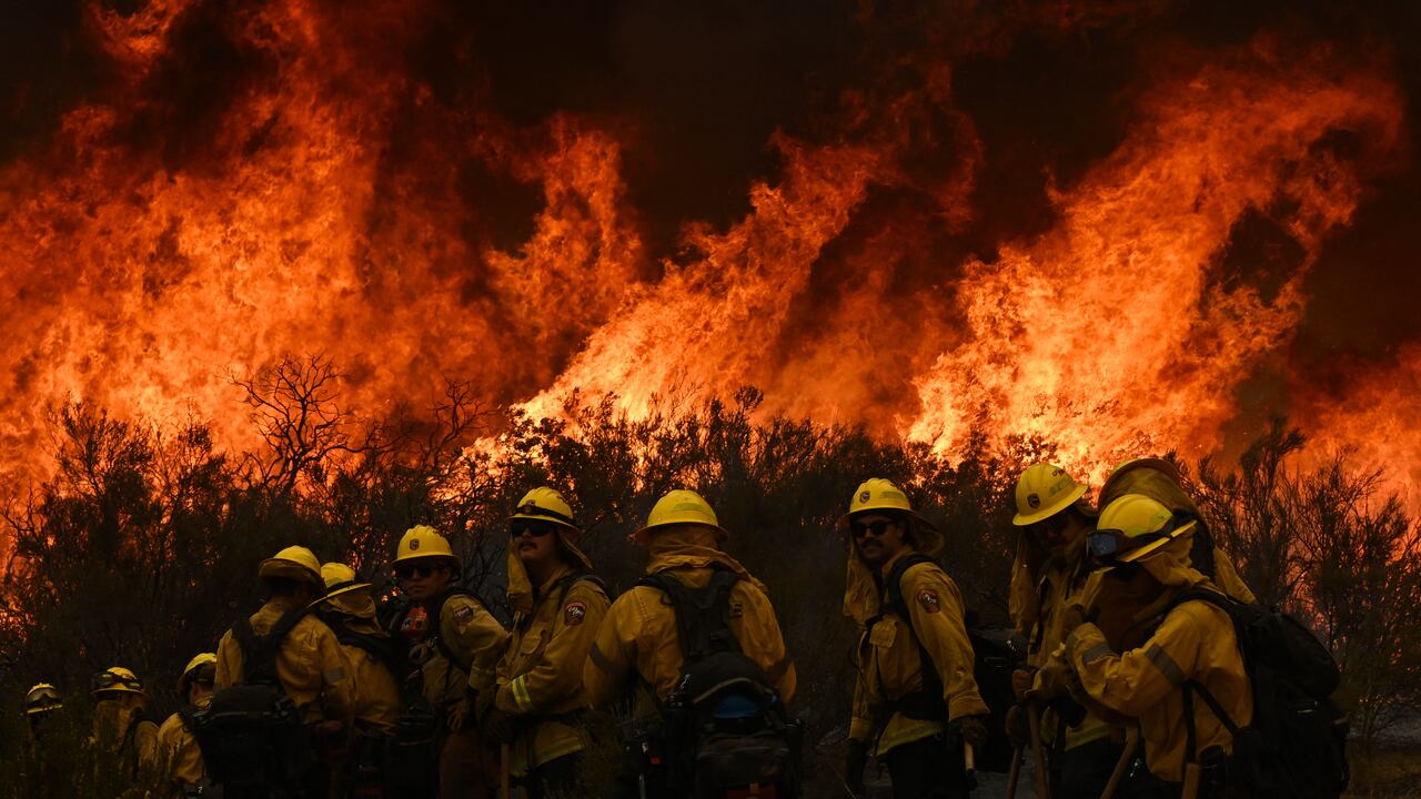 Los bomberos de CalFire se alejan del fuego para observar si hay brasas perdidas durante una operación de disparo para construir una línea para contener el incendio de Fairview cerca de Hemet, California, el 8 de septiembre de 2022. - Una ola de calor feroz que abrasa el oeste de los Estados Unidos finalmente podría comenzar a disminuir en los próximos días, dijeron los meteorólogos el 7 de septiembre, pero advirtieron sobre peligrosas condiciones de incendio a medida que los vientos aulladores azotan la región totalmente seca. (Foto de Patrick T. FALLON / AFP)