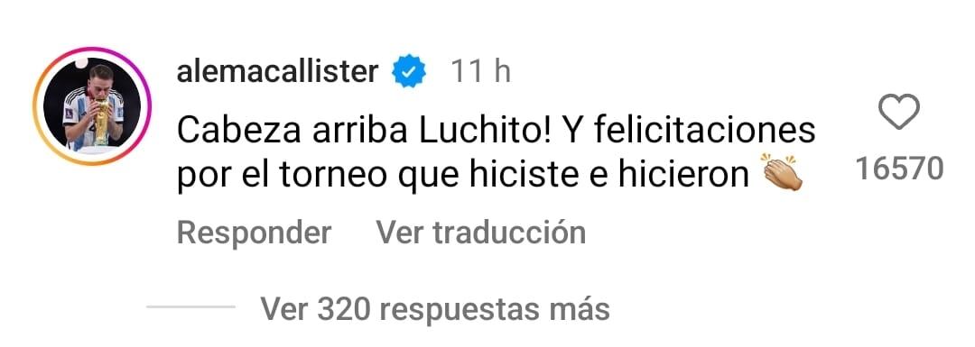 El comentario de Alexis Mac Allister en la publicación de Luis Díaz