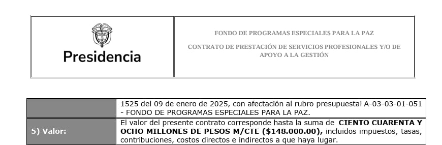 Valor del contrato del general William Rincón con el alto comisionado de paz Otty Patiño.
