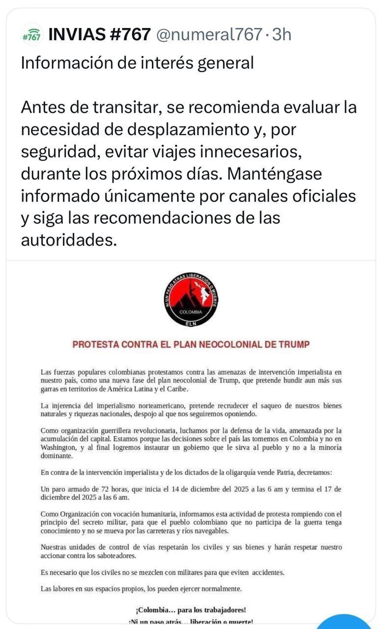 Trino del Invías sobre el ELN.