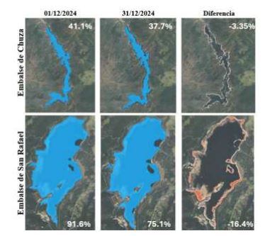 Distribución espacial del cambio de área de la lámina de agua de los embalses del sistema Chingaza durante diciembre de 2024