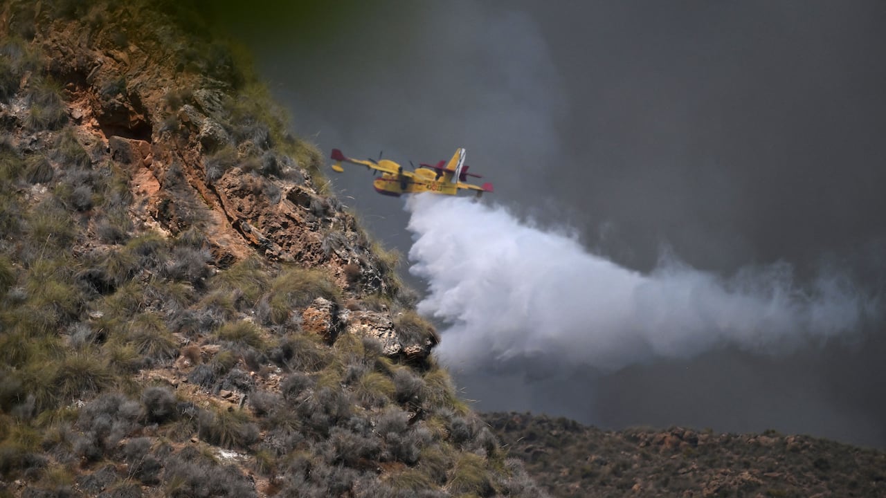 Un avión intenta apagar el fuego en Los Gallardos, en Almeria. 11 personas han muerto y 19 están desparecidas (Photo by JOSE JORDAN / AFP)