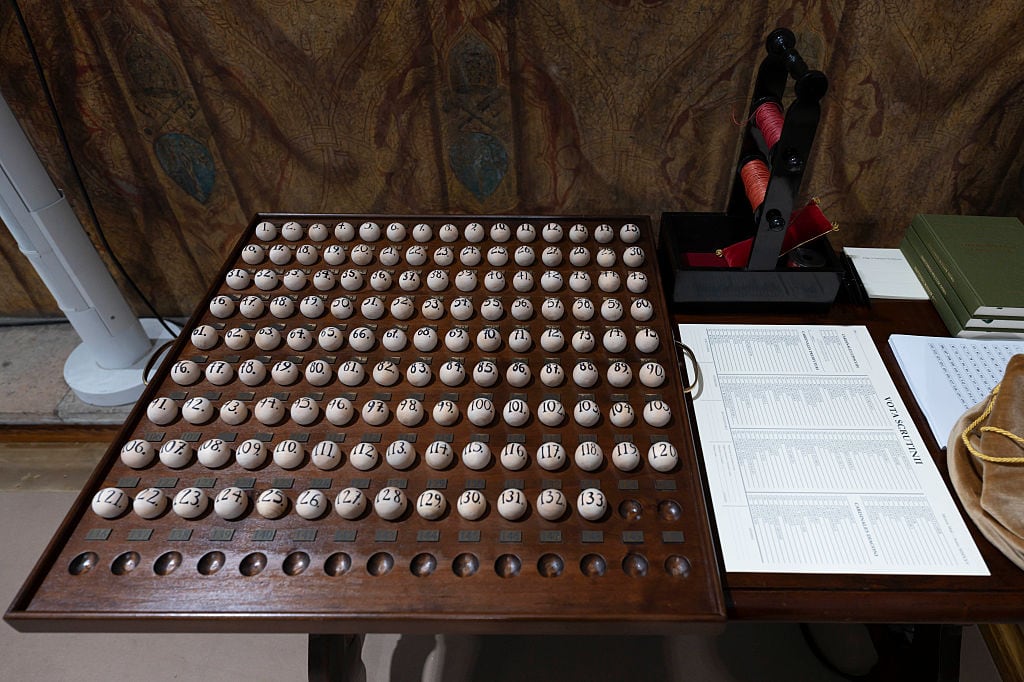 The Sistine Chapel prepared for the conclave in which the new Pope will be elected. In the photo the wooden abacus with 133 balls to count the votes. Vatican City (Vatican), May 6, 2025. (Photo by Vatican Media/Pool/GG/Mondadori Portfolio via Getty Images)