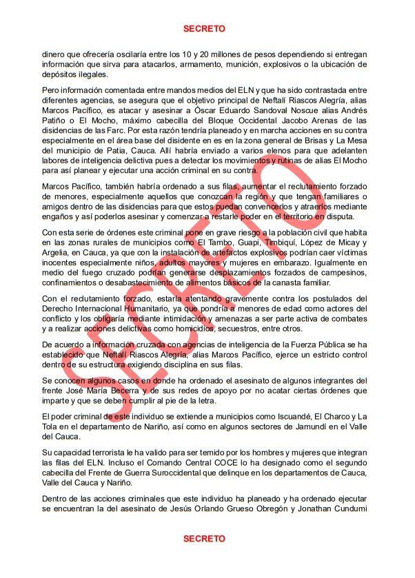 Informe de inteligencia de la fuerza pública sobre las intensiones del ELN en el Cauca.