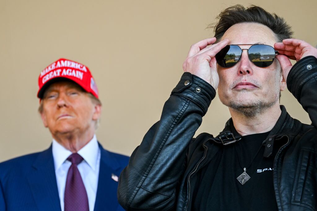 BROWNSVILLE, TEXAS - NOVEMBER 19: U.S. President-elect Donald Trump and Elon Musk watch the launch of the sixth test flight of the SpaceX Starship rocket on November 19, 2024 in Brownsville, Texas. SpaceX’s billionaire owner, Elon Musk, a Trump confidante, has been tapped to lead the new Department of Government Efficiency alongside former presidential candidate Vivek Ramaswamy. (Photo by Brandon Bell/Getty Images)