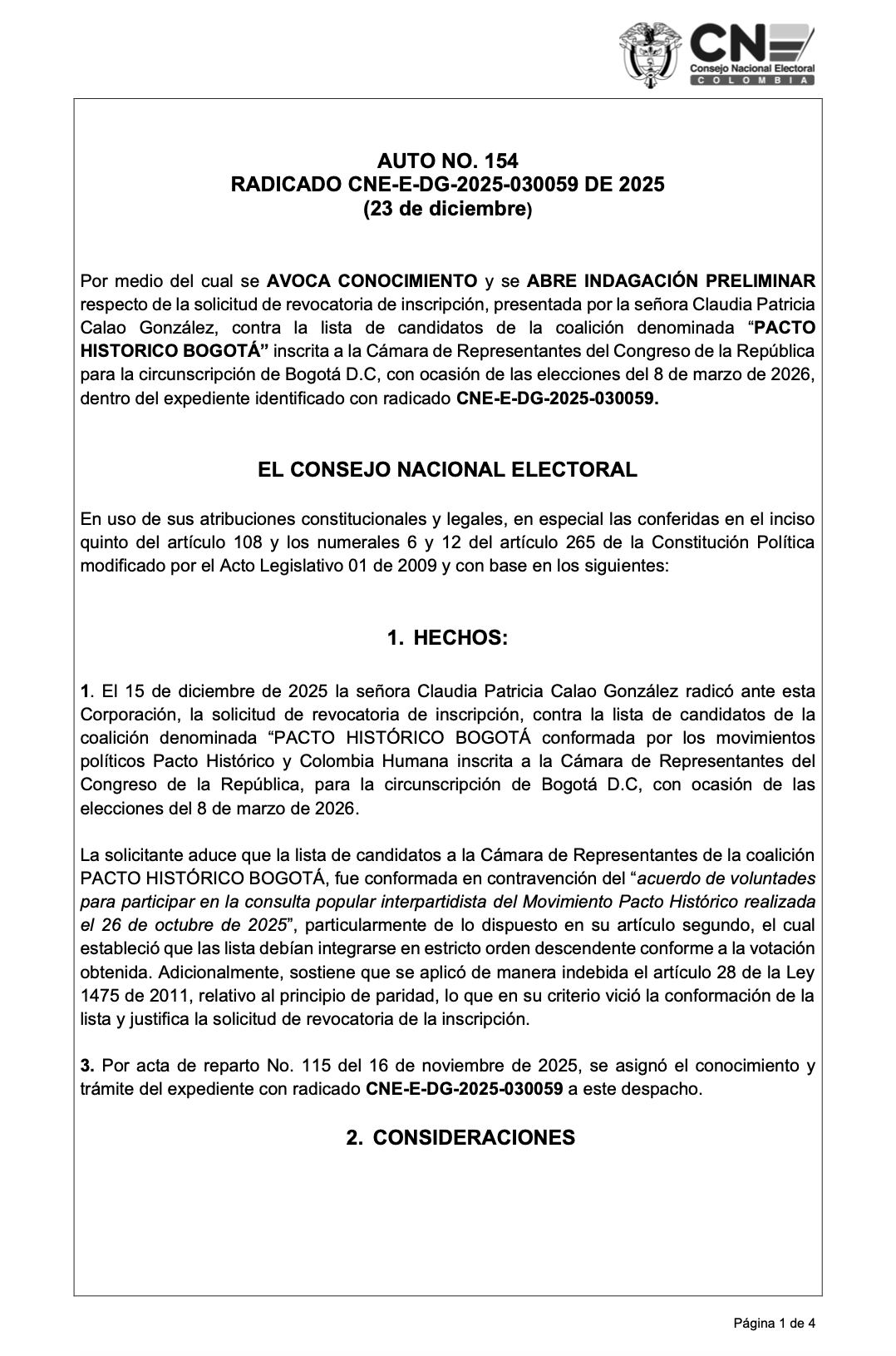 Auto de apertura de indagación preliminar a la solicitud de revocatoria de inscripción.