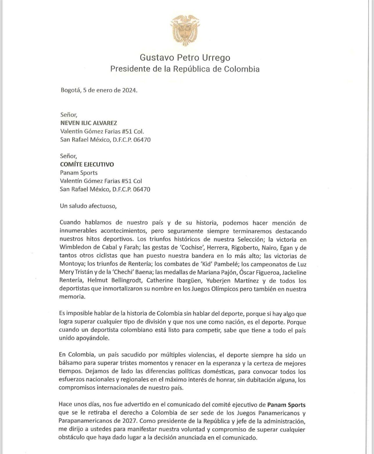 Carta presidente Gustavo Petro a Panam Sports
