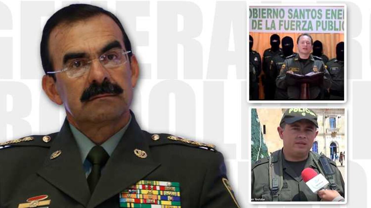 En la parte de arriba a la derecha: patrullero Rubén Rozo, quien hace días, en un video, lanzó arengas contra el gobierno nacional. En la parte de abajo: Coronel Reinaldo Gómez, quien acusó a Palomino de acoso sexual.