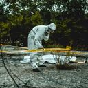 crime scene, police inspector and forensic expert