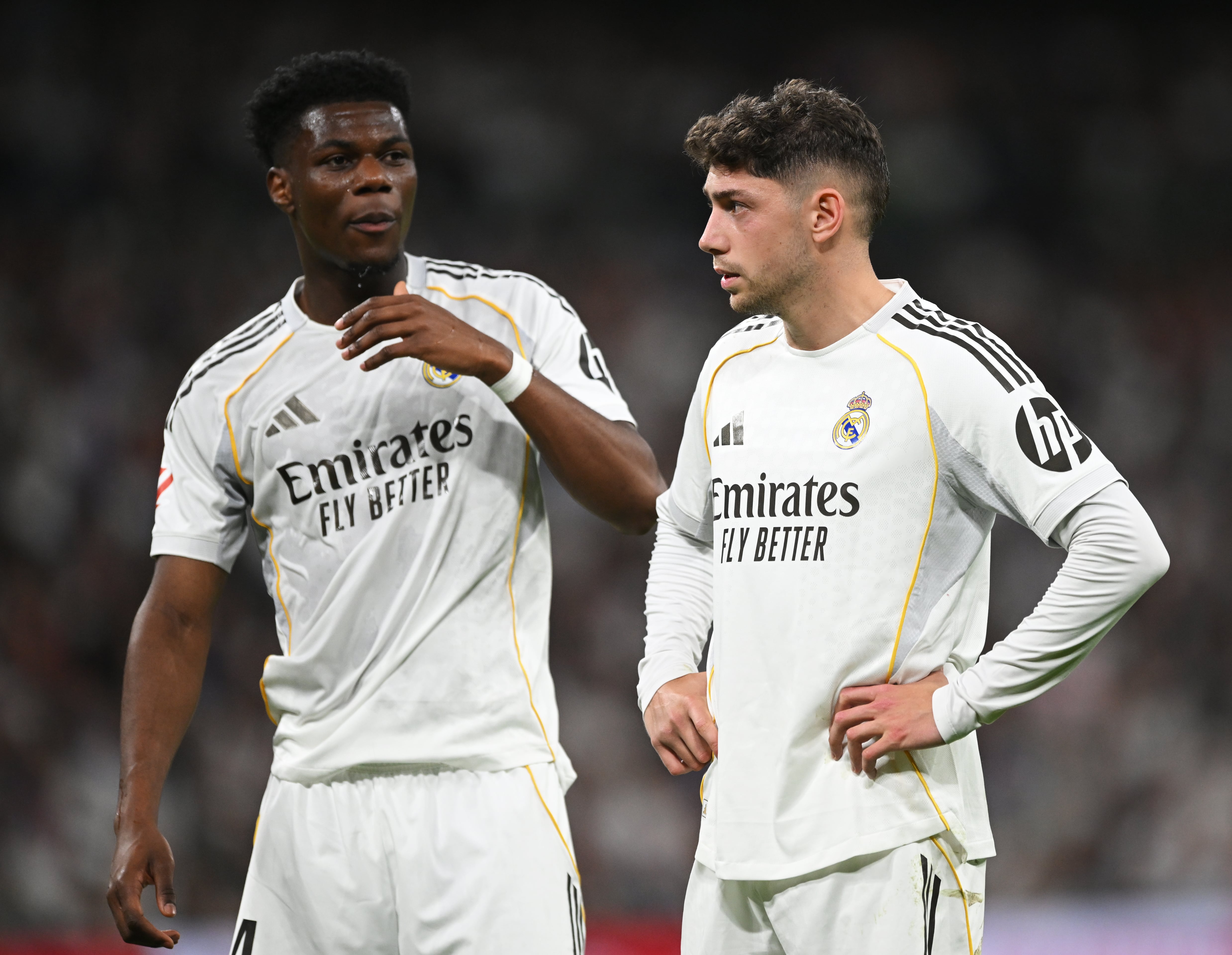 MADRID, SPAIN - APRIL 10: Aurelien Tchouameni and Federico Valverde of Real Madrid look on during the LaLiga EA Sports match between Real Madrid CF and Girona FC at Estadio Santiago Bernabeu on April 10, 2026 in Madrid, Spain. (Photo by Denis Doyle/Getty Images)
