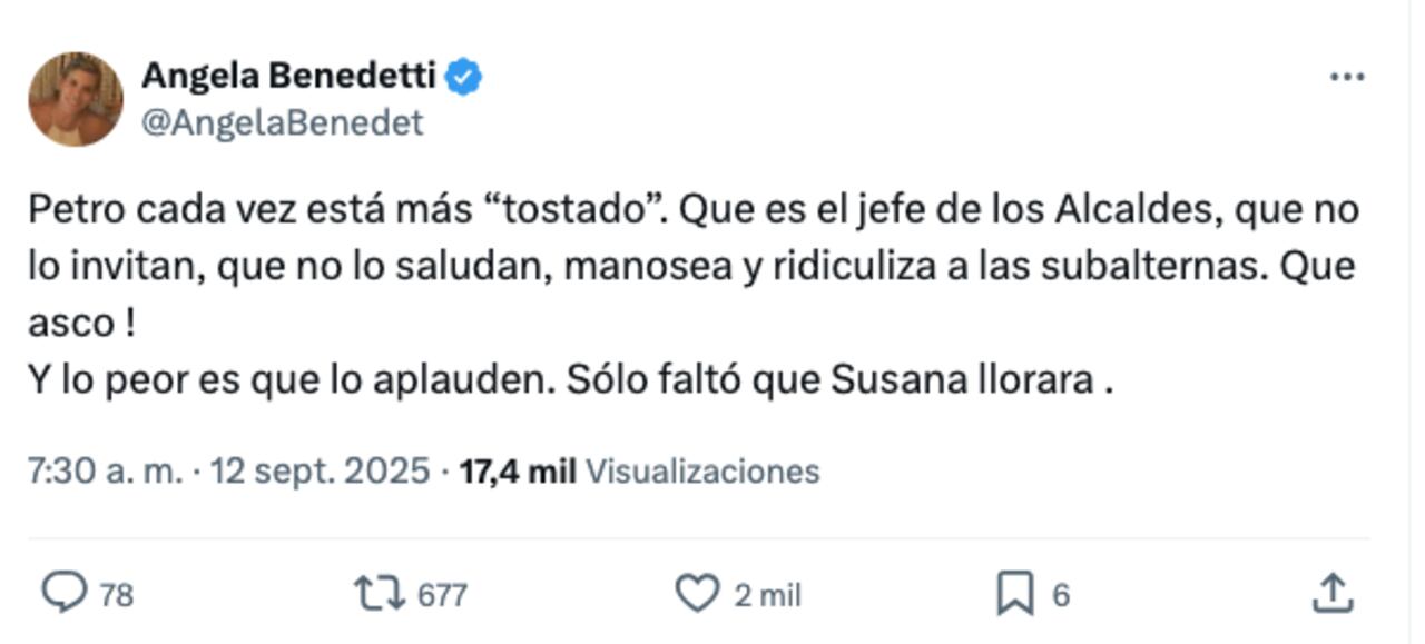 En mensaje de Ángela Benedetti en X.