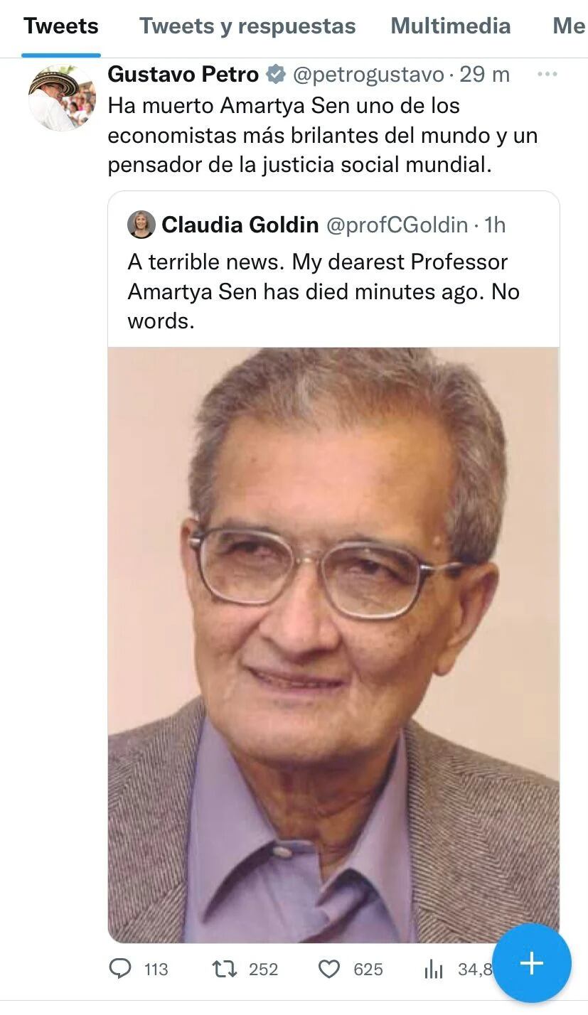 Tuit de Petro sobre Amartya Sen
