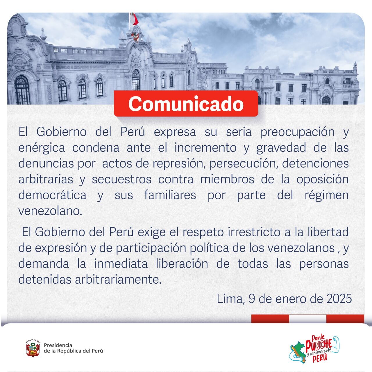 El gobierno peruano condena el aumento de represión y detenciones arbitrarias en Venezuela, exigiendo la liberación de los opositores detenidos.