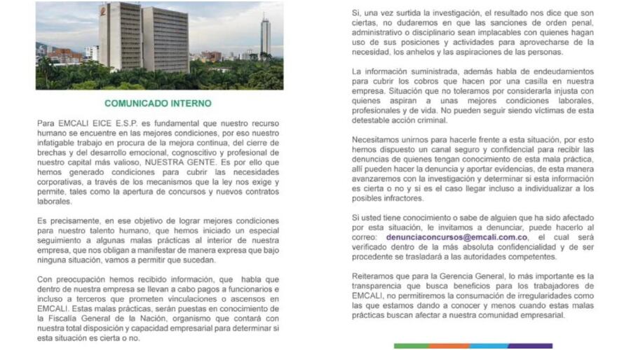 Comunicación interna de Emcali sobre las denuncias.