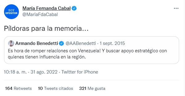 Trino de Armando Benedetti, actual embajador de Colombia en Venezuela, publicado el primero de septiembre de 2015.