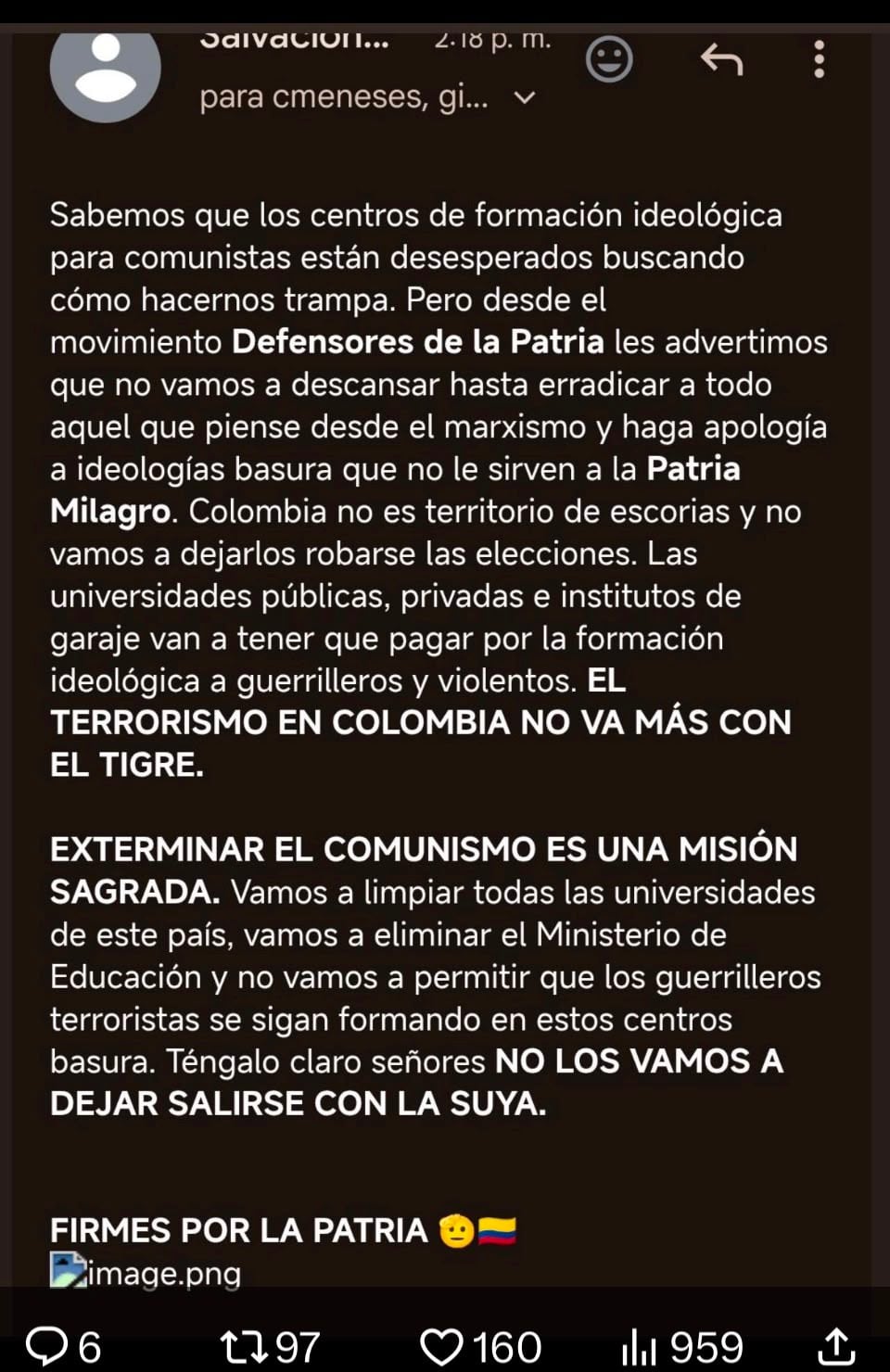 Mensaje enviado por Iván Cepeda en un chat de Whatsapp.