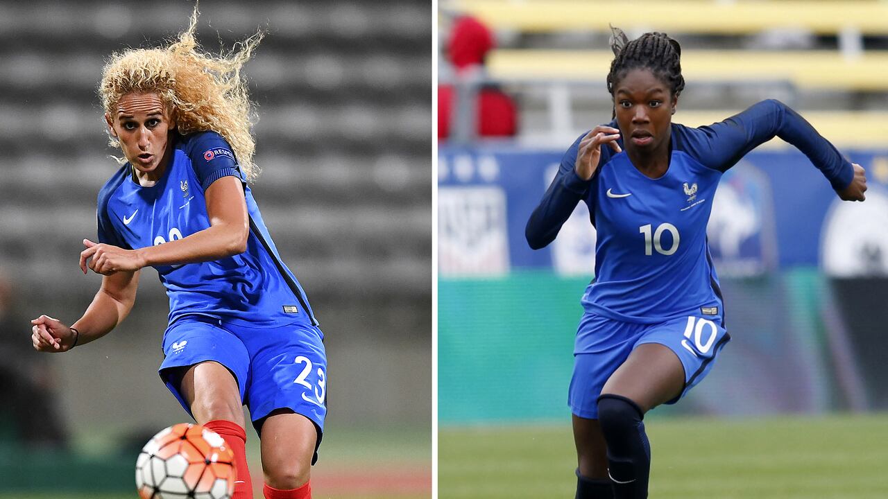 (COMBO/FILES) This combination of file photographs created on November 10, 2021, shows (L) France's midfielder Kheira Hamraoui as she kicks the ball during the women's Euro 2017 qualifying football match between France and Albania at The Charlety Stadium in Paris on September 20, 2016 and (R) France's midfielder Aminata Diallo as she runs with the ball during a 'SheBelieves Cup' football match between France and England at The Mapfre Stadium in Columbus, Ohio on March 1, 2018. Paris Saint-Germain women's footballer Aminata Diallo was detained by police on November 10, 2021, in connection with a vicious street assault on a teammate and fellow French national player last week, her club said. AFP/Paul VERNON, Franck FIFE