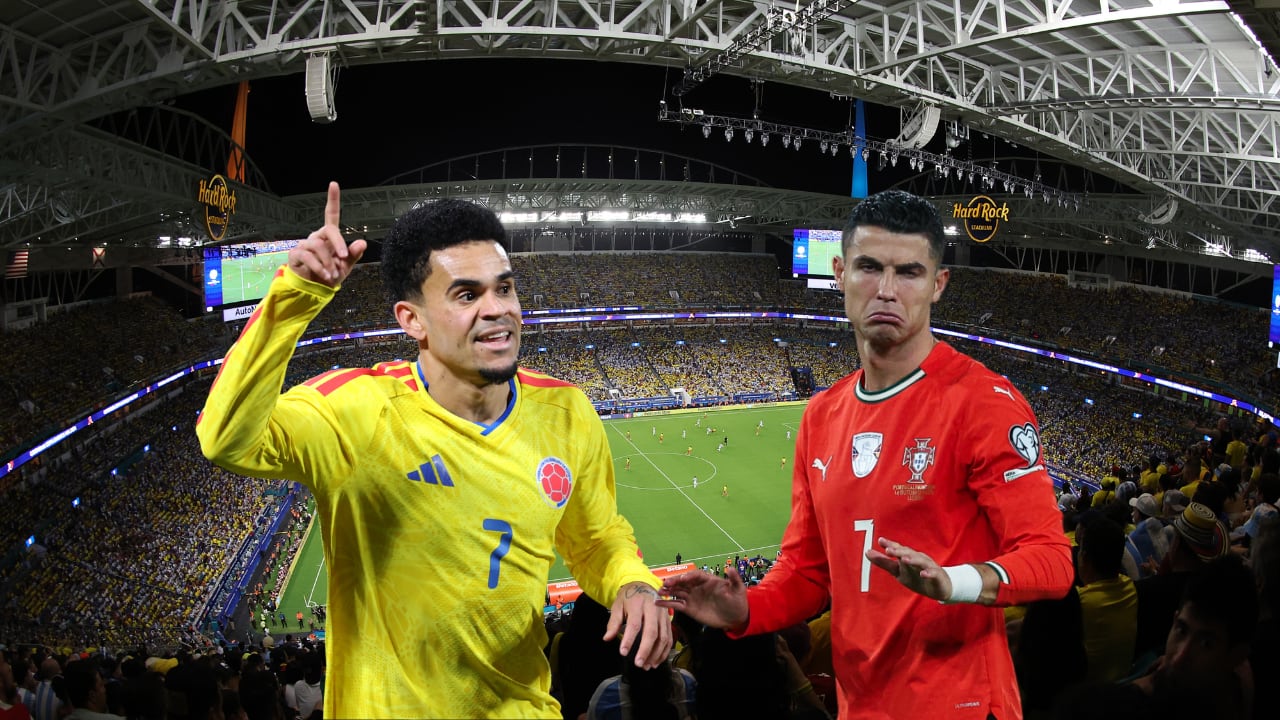 Luis Díaz y Cristiano Ronaldo. De fondo el Hard Rock Stadium, donde jugarán Colombia vs. Portugal el 27 de junio en el Mundial 2026.