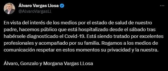 Mario Vargas Llosa hospitalizado por Covid-19.