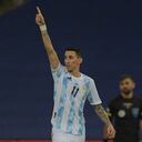 Argentina's Angel Di Maria celebrates after scoring against Brazil during their Conmebol 2021 Copa America football tournament final match at Maracana Stadium in Rio de Janeiro, Brazil, on July 10, 2021. (Photo by CARL DE SOUZA / AFP)