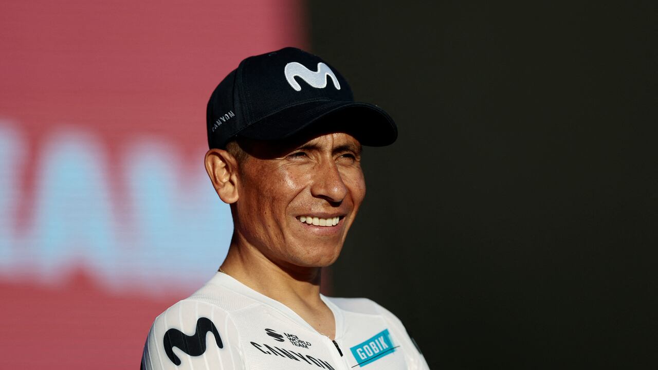 Movistar Team's Colombian rider Nairo Quintana smiles on stage during the opening ceremony and team presentation in Tirana, on May 7, 2025, two days before the departure of the Giro d'Italia 2025 cycling race. The Giro d'Italia 2025 cycling race will depart from Durres, Albania on May 9, and finish in Rome on June 1. (Photo by Luca Bettini / AFP)