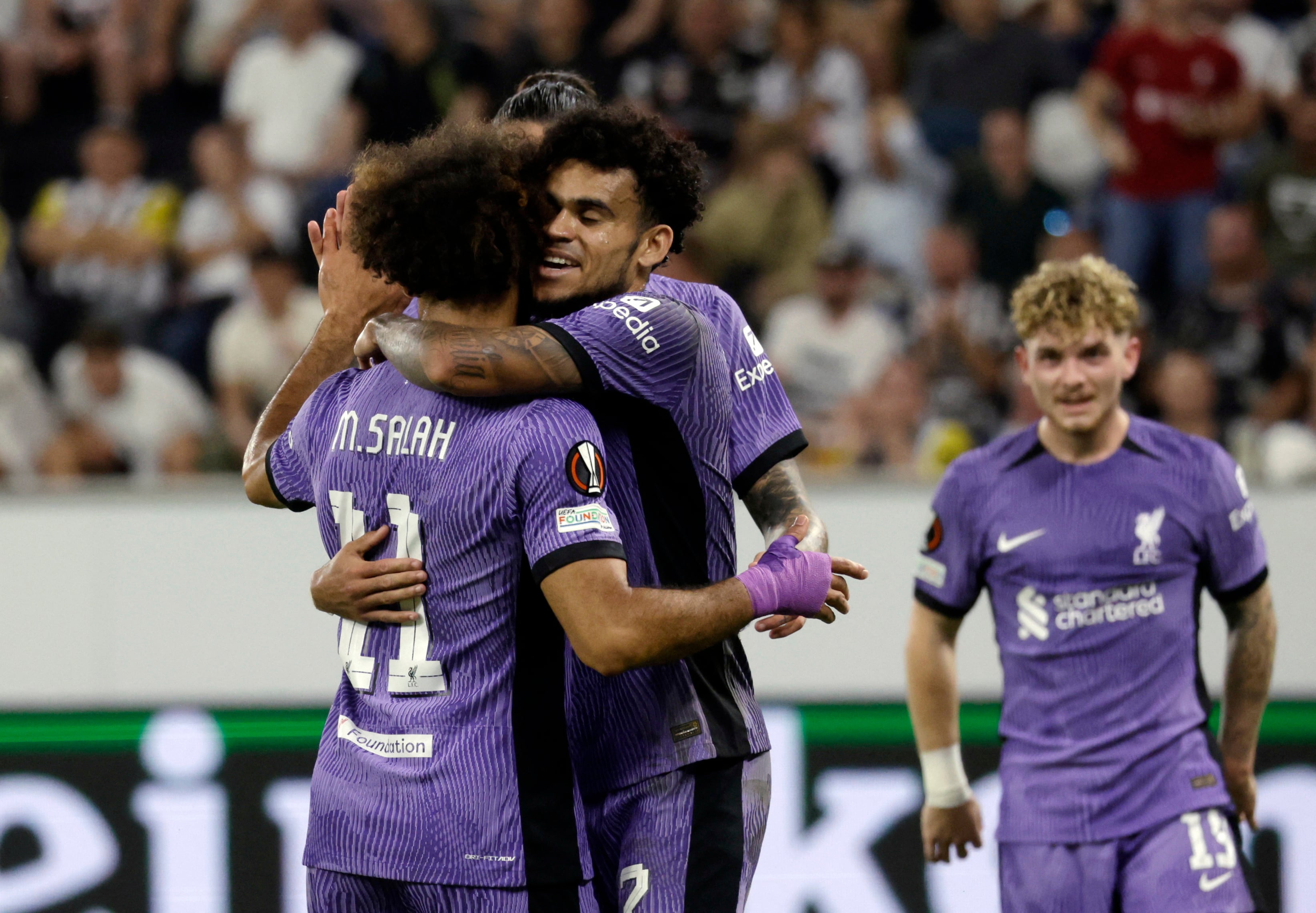 Soccer Football - Europa League - Group E - LASK Linz v Liverpool - Raiffeisen Arena, Linz, Austria - September 21, 2023 Liverpool's Mohamed Salah celebrates scoring their third goal with Luis Diaz REUTERS/Leonhard Foeger
