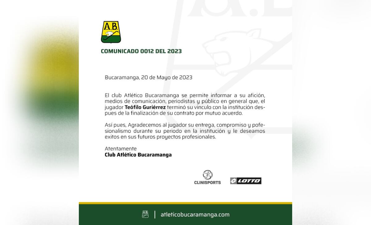Comunicado oficial de la salida de Teo Gutiérrez.