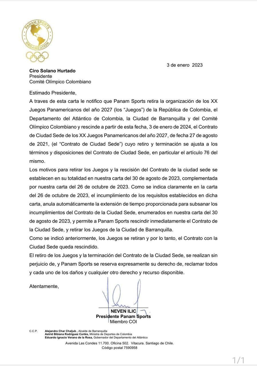 Carta comité olímpico colombiano sobre los juegos Panamericanos.