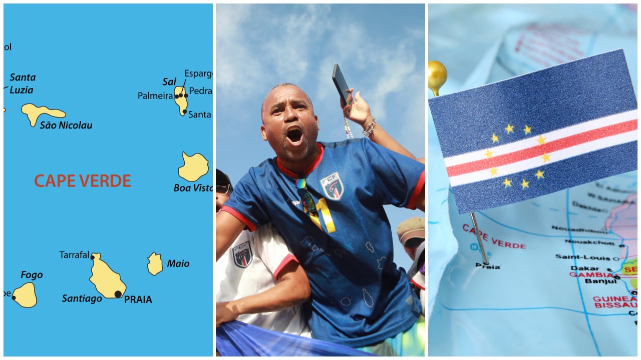 De izquierda a derecha: las islas que componen Cabo Verde, un aficionado de su selección celebrando y la ubicación en el mapa del archipiélago, respectivamente