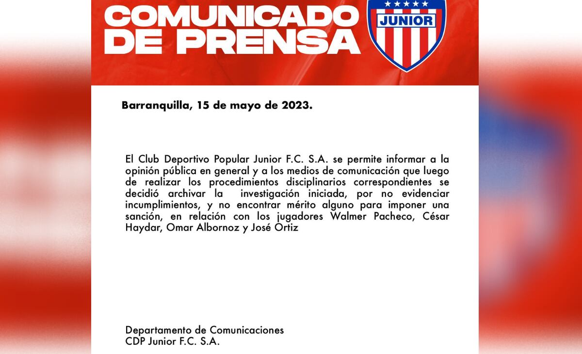 Comunicado oficial Junior sobre los cuatros jugadores.