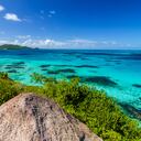 View of Caribbean Sea and Providencia as seen from the top of Crab Caye in San Andres y Providencia, Colombia