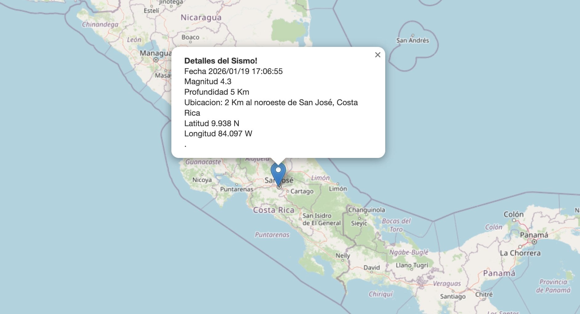 Epicentro del movimiento telúrico en Costa Rica