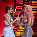 NEWARK, NEW JERSEY - SEPTEMBER 12: Shakira and Karol G accept the Best Collaboration award for "TQG" onstage during the 2023 MTV Video Music Awards at Prudential Center on September 12, 2023 in Newark, New Jersey. (Photo by Theo Wargo/Getty Images for MTV)
