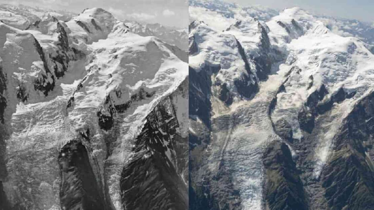 Esta fotografía publicada por la Universidad de Dundee, el 22 de octubre de 2019 muestra una combinación de vistas aéreas del glaciar Mont Blanc Boissons, cerca de Chamonix, sureste de Francia, tomadas en 1919 (Izq) y agosto de 2019 (Der). Fotos: AFP