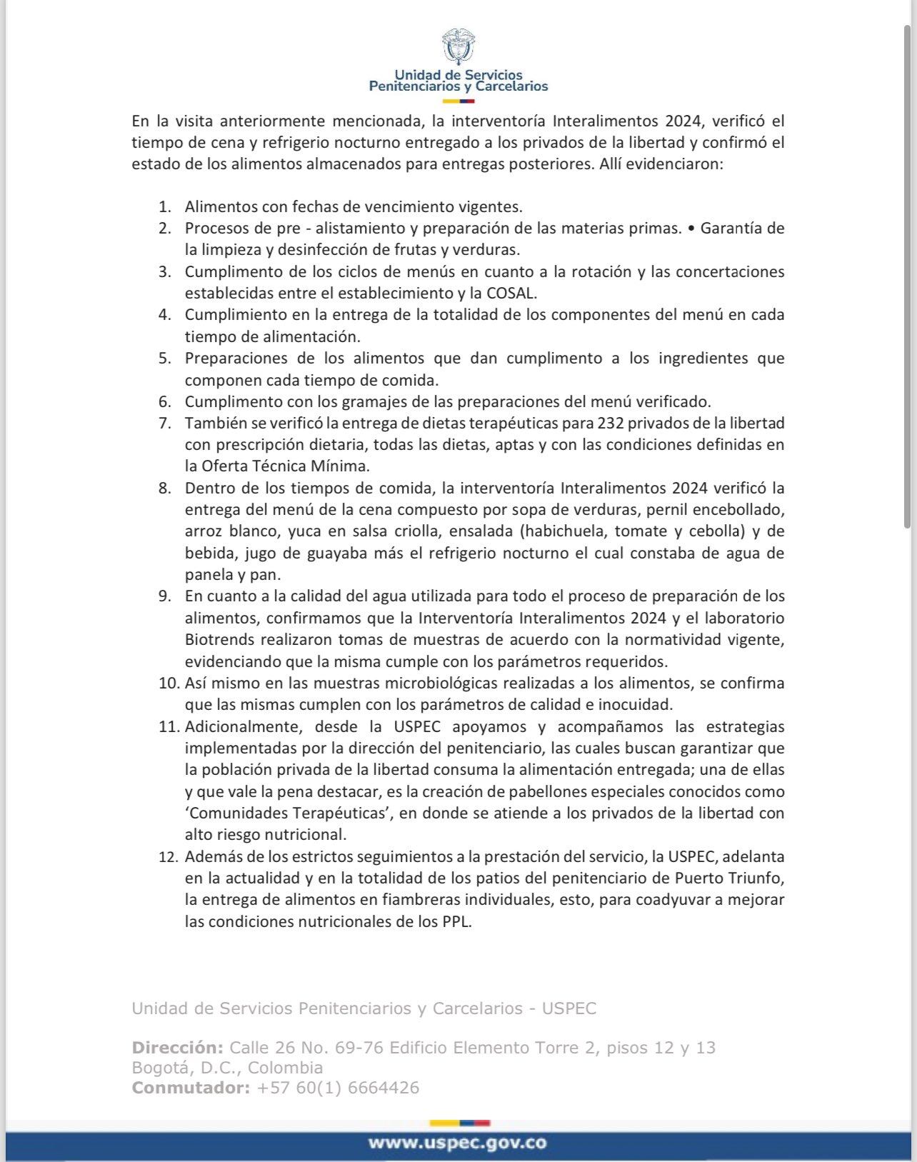 Comunicado USPEC sobre denuncias en cárcel El Pesebre en Puerto Triunfo, Antioquia.