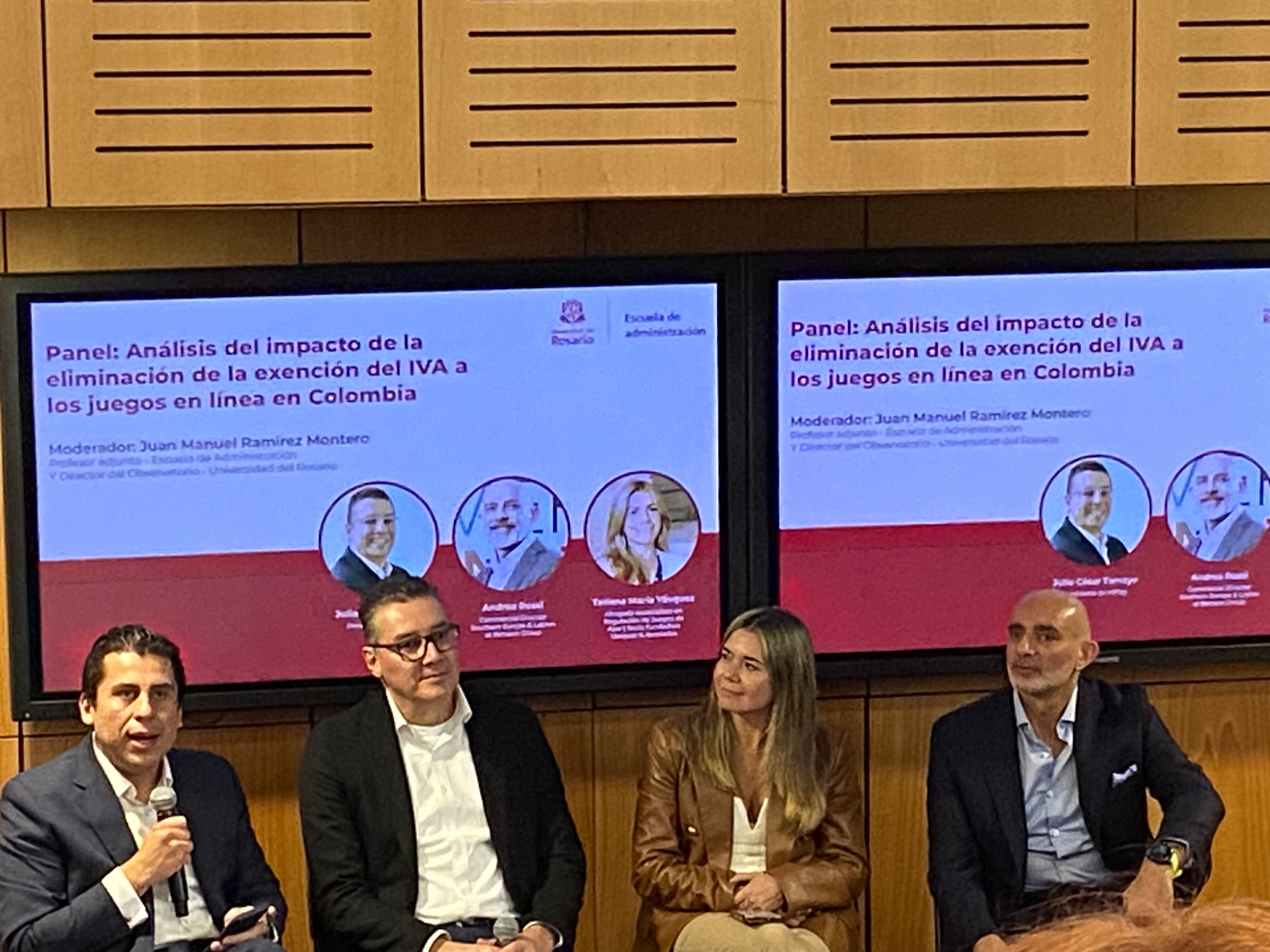 Juan Manuel Ramírez, profesor de la Universidad del Rosario; Julio Cesar Tamayo, presidente de Wplay; Tatiana Vásquez, socia de Vásquez & Asociados y Andrea Rossi, comercial director de Betsson.