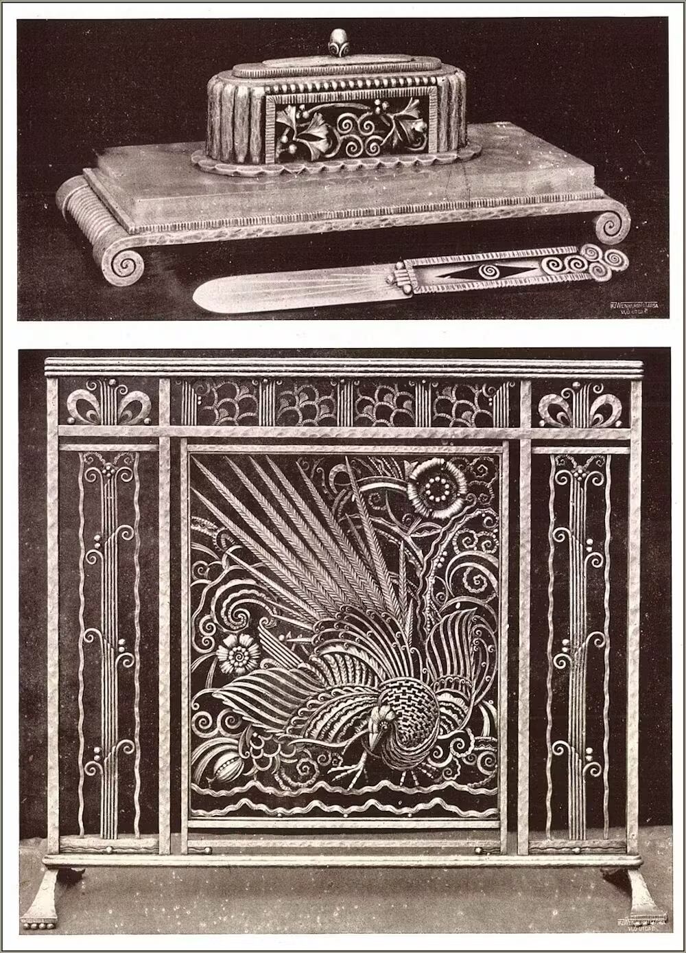 Tintero, cortapapeles y mostrador de hierro forjado y plateado de Paul Kiss en la Exposición Internacional de Artes Decorativas de París. 1925. Wikimedia Commons